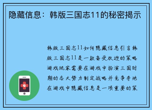 隐藏信息：韩版三国志11的秘密揭示